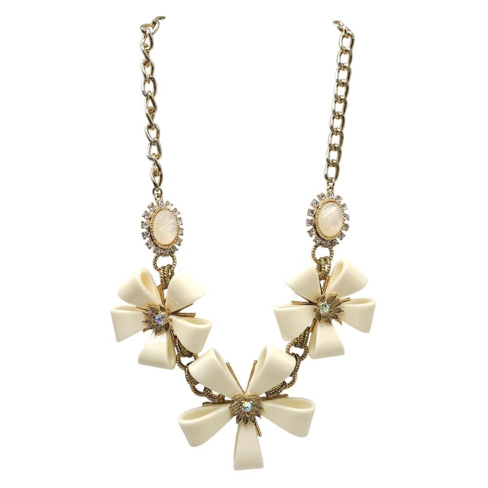 Gold-Tone Chain Necklace With Cream Ribbon-Like Bow Pendants Rhinestone Accents